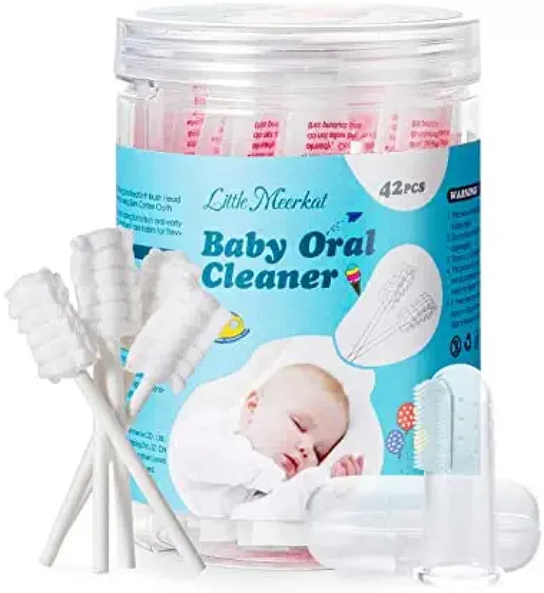 42 Pcs Disposable Baby Toothbrush for Infant & Newborn | Milk Stains & Tooth Decay | Baby Tongue Cleaner with FFS & 5-Layer Cotton Swab | 0-12 Month Baby Teething & Oral Care Cleaner Little Meerkat