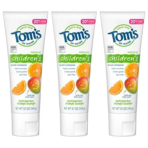 Tom’s of Maine ADA Approved Fluoride Children’s Toothpaste, Natural Toothpaste, Dye Free, No Artificial Preservatives, Outrageous Orange Mango, 5.1 oz. 3-Pack (Packaging May Vary)
