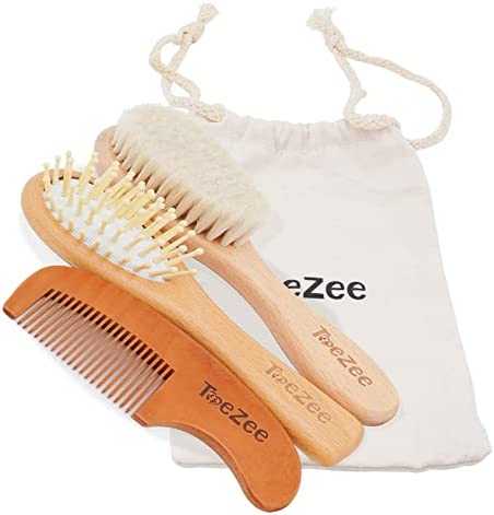 ToeZee Wooden Baby Hair Brush and Comb Set | Natural Soft Bristles Made from Goat Hair | Best for Cradle Cap | Perfect Baby Registry Gift with Travel Bag | Suitable for an Infant or a Toddler
