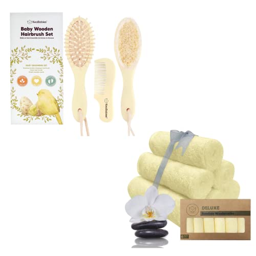 KeaBabies Baby Hair Brush and Baby Comb Set & Baby Washcloths - Wooden Baby Brush with Soft Goat Bristle - Organic Bamboo Baby Towels and Washcloths