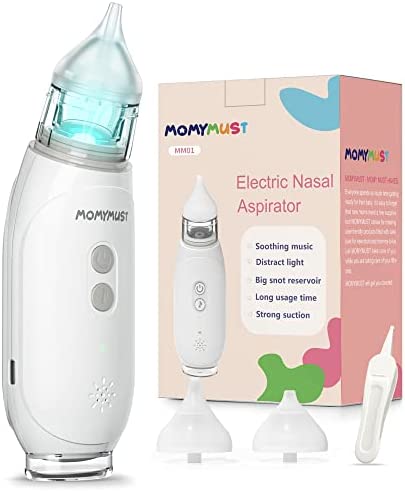 Nasal Aspirator for Baby, MOMYMUST Electric Baby Nose Sucker, Booger Sucker with Self-Cleaning Function, Baby Snot Sucker with 3 Levels of Suction, Music and Light, 2 Nose-Tips, 60 Days Use Time