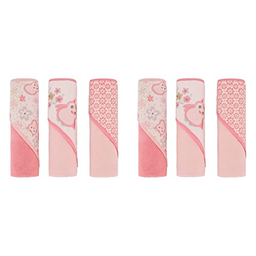 Cudlie Buttons & Stitches Baby Girl 6 Pack Rolled/Carded Hooded Towels in Floral Owl Print, 6 Pack Hooded Towel (GS71726)